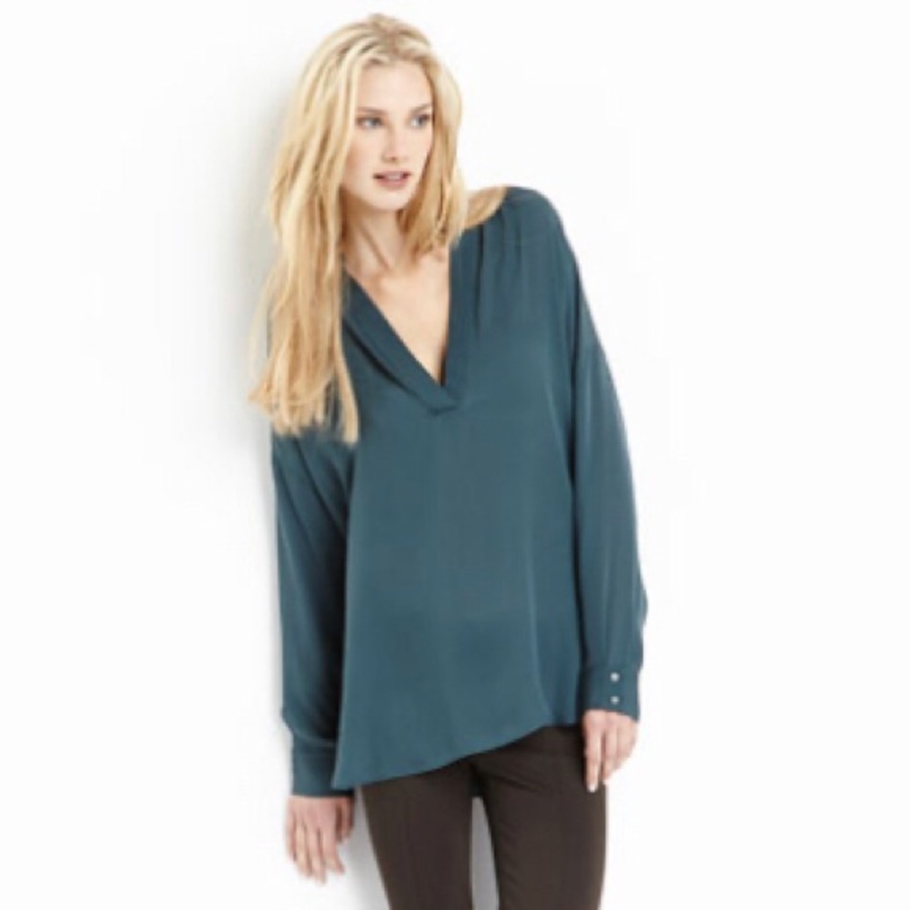 VINCE 100% Silk Popover Blouse in Cypress Green Teal | XS - Picture 7 of 7
